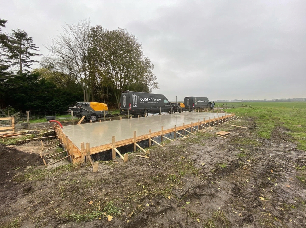 Betonstorting fundering — Noord-Holland. Bekisting gezet, wapening aangebracht en de complete funderingsvloer in één dag gestort en vlak afgewerkt.