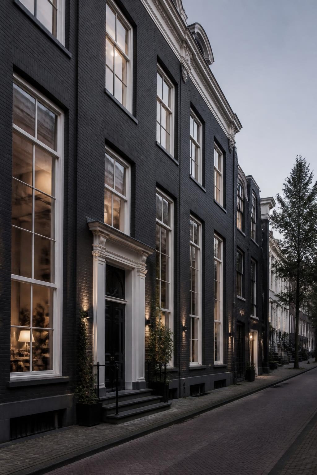 Sfeerbeeld van een klassieke Amsterdamse gevel met witte kozijnen in de schemering